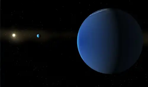 La estrella TOI-791 y dos planetas gigantes que el telescopio espacial TESS de la NASA descubrió en su órbita. Foto: NASA/Daniel Rutter