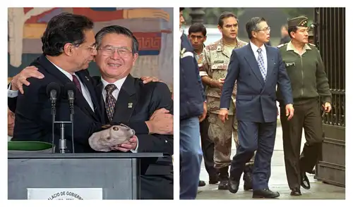 Edecanes presidenciales en funciones: a la izquierda, el entonces capitán de fragata Francisco Calisto Giampietri, en 1998; y a la derecha, el coronel José Tantaleán Alatrista, en 2000. Foto: difusión