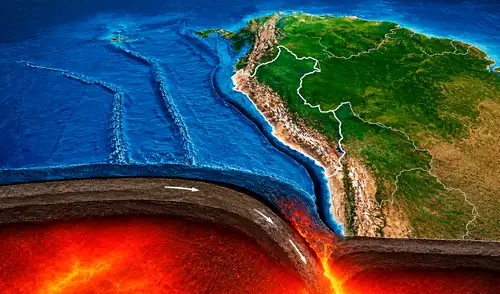 Una enorme estructura tectónica bajo el océano Pacífico impacta directamente en el litoral de Sudamérica, causando intensa actividad sísmica en Perú, Ecuador, Chile y Colombia. Una enorme estructura tectónica bajo el océano Pacífico impacta directamente en el litoral de Sudamérica, causando intensa actividad sísmica en Perú, Ecuador, Chile y Colombia.