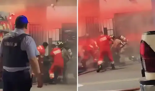 Un bombero resultó gravemente herido por una explosión mientras atendía un incendio en una barbería en Barrios Altos, Lima, la madrugada del 14 de agosto. Un bombero resultó gravemente herido por una explosión mientras atendía un incendio en una barbería en Barrios Altos, Lima, la madrugada del 14 de agosto.