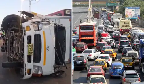 El camión, con placa AX918, quedó volcado y el conductor se encuentra en buen estado