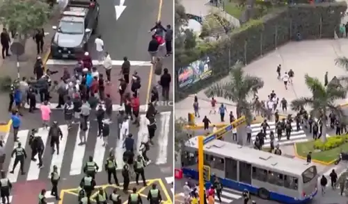 Un violento enfrentamiento tuvo lugar entre transportistas informales y la Policía Nacional en la avenida Arequipa, Cercado de Lima. El incidente ocurrió durante el debut del nuevo carril bidireccional para buses del Corredor Azul. Un violento enfrentamiento tuvo lugar entre transportistas informales y la Policía Nacional en la avenida Arequipa, Cercado de Lima. El incidente ocurrió durante el debut del nuevo carril bidireccional para buses del Corredor Azul.