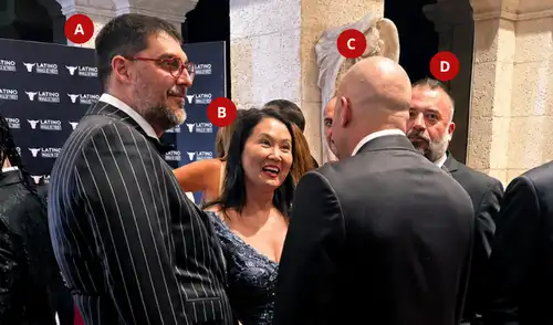 Consultor Andrés Rivas (A), socio de Cerimedo; Keiko Fujimori (B); una persona que sería el mencionado operador argentino (C) y Damián Valenzuela, el amigo de la presidenta (D). Foto: La República
