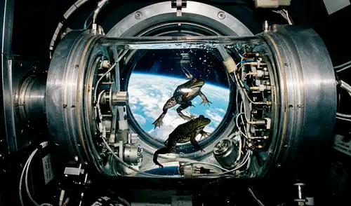La NASA envió dos ranas toro bautizadas como Pierre y Tee-Nom para estudiar la función vestibular. Foto: Gemini IA
