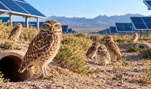Un total de 19 búhos excavadores amenazados encontraron refugio en el complejo solar Sun Streams, en Tonopah, Arizona, tras ser trasladados en marzo de 2025.
