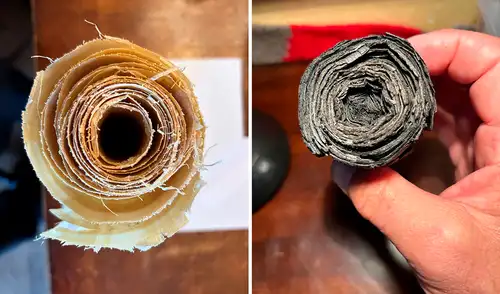 Uno de varios rollos de papiro antes de la carbonización (izquierda) y después de la carbonización (derecha). Foto: PLOS One Uno de varios rollos de papiro antes de la carbonización (izquierda) y después de la carbonización (derecha). Foto: PLOS One