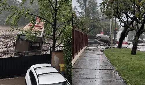 Un aluvión en el sector de San Carlos de Apoquindo, en Las Condes, arrastró vehículos y buses del transporte público