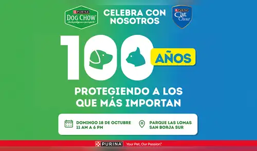 Purina celebra su centenario con un evento gratuito para familias y mascotas este 18 de octubre en San Borja. Foto: Difusión dog-chow