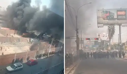 Efectivos de la Policía Nacional se encuentran en las afueras del recinto donde se registró el siniestro