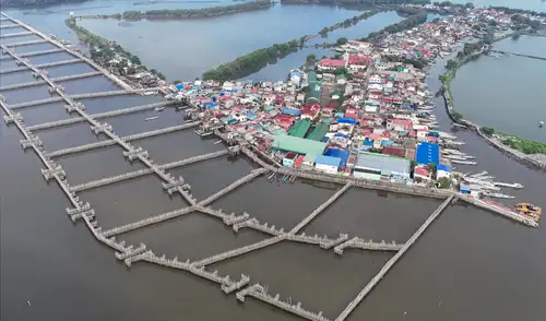 Trampas de sedimentos de bambú diseñadas para retardar el flujo de agua junto a las casas en la isla Pamarawan en la ciudad de Malolos, provincia de Bulacan. Foto: AFP