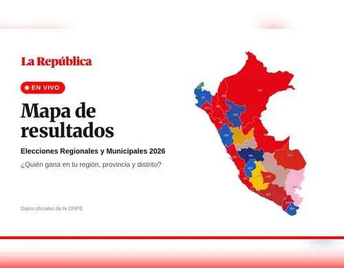 Mapa del Perú coloreado por el partido que gana en cada región, con el titular «Mapa de resultados» de las Elecciones Regionales y Municipales 2026
