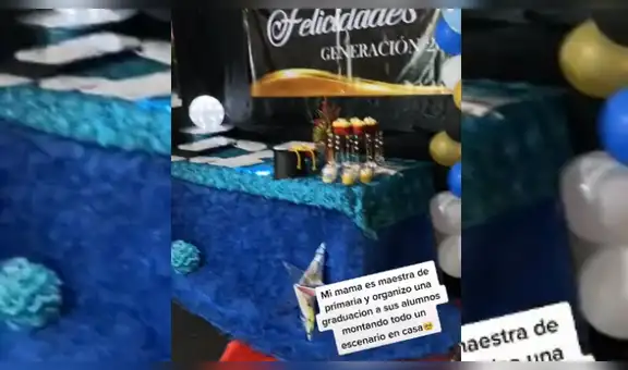 Profesora improvisa elegante escenario en su casa para ofrecer graduación virtual a sus alumnos [VIDEO]