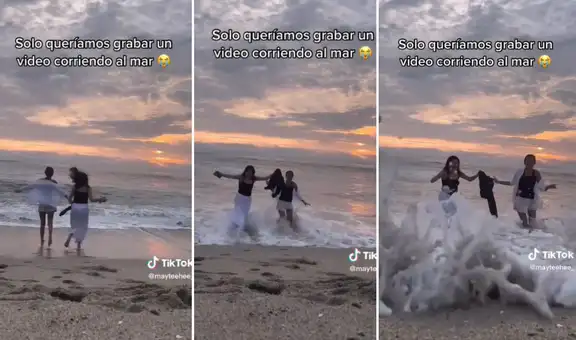 Intentan grabar un video en la playa, pero una ola lo arruina todo y se lleva su celular