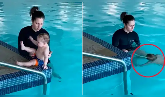 Madre suelta a su bebé en profunda piscina y este tiene insólito reflejo [VIDEO]