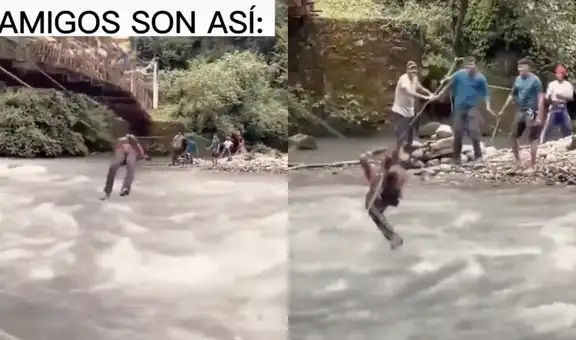 Hace canopy con sus amigos, pero ellos le mueven la cuerda y provocan que se moje