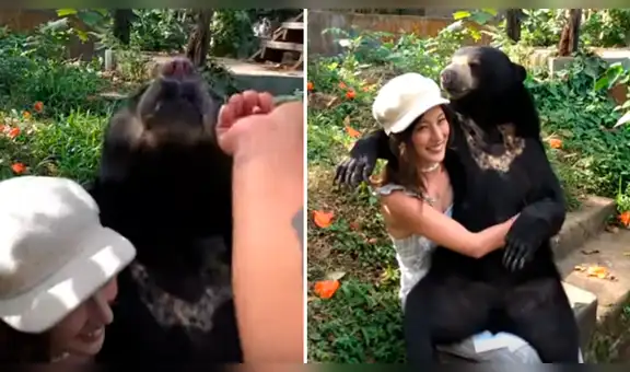 Oso se sienta en las piernas de una joven y la sorprende con peculiar conducta [VIDEO]