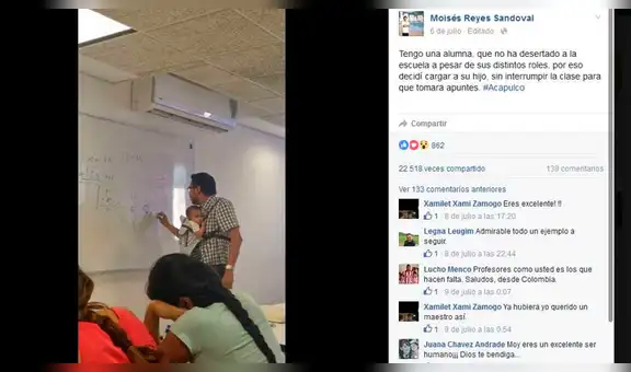 Profesor se gana la admiración de todos tras cargar al hijo de su alumna para que ella anote la clase [VIDEO]