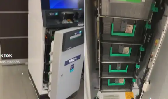 Va a centro comercial y encuentra cajero automático abierto con los billetes expuestos