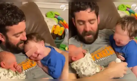 Niño ve por primera vez a su hermana recién nacida y no puede controlar su emoción [VIDEO]