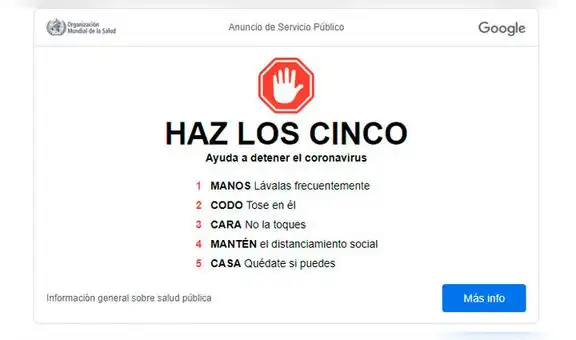 Google y la OMS lanzan guía “Haz los cinco” para evitar el coronavirus [FOTOS]