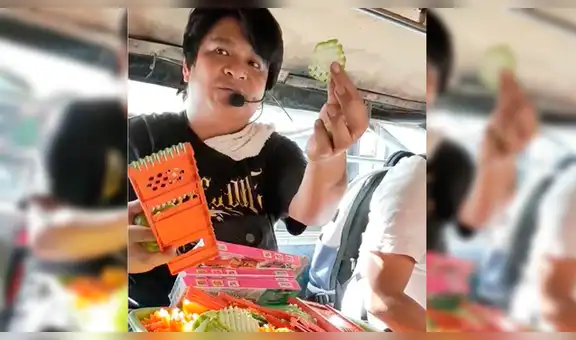 Joven sube a bus para vender cortador de verduras y pasajeros se sorprenden con su habilidad [VIDEO]