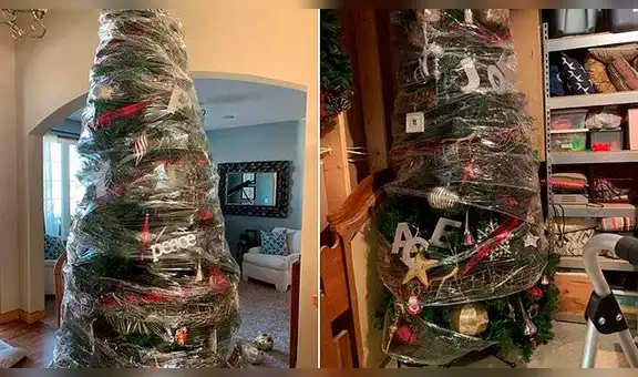 Mujer tapa con plástico su árbol de Navidad para evitar decorarlo todos los años [FOTOS]