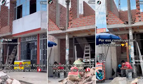 Albañiles incluyen un poste de alumbrado público dentro de la construcción de una casa
