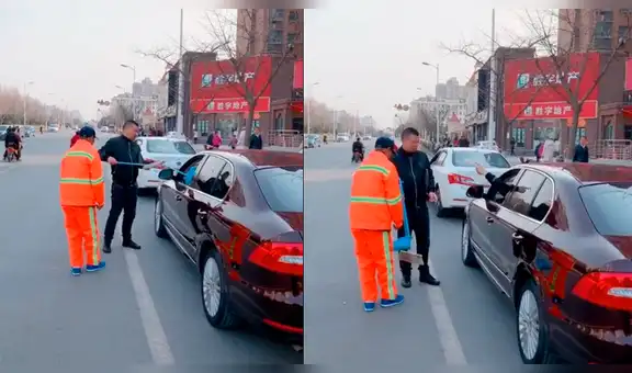Facebook: La épica lección que este hombre y un obrero de limpieza le dieron a un mal conductor [VIDEO]