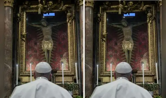 El papa se arrodilla ante crucifijo de la “Gran Peste” y reza por el fin de la pandemia