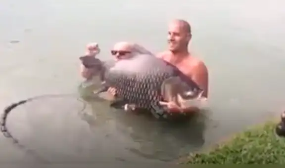 Capturan gigantesco pez del río, intentan tomarse foto y animal arruina el momento [VIDEO]