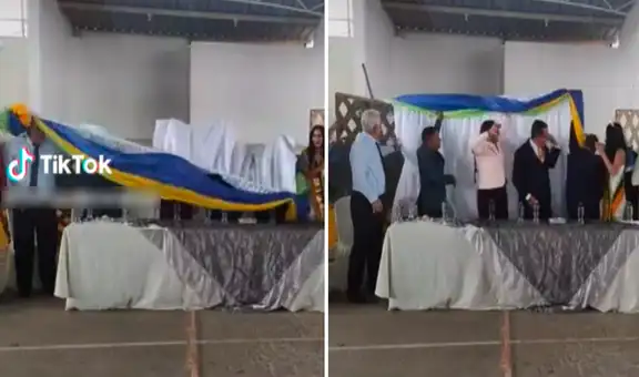 Cortinas se caen encima de autoridades cuando cantaban el himno nacional durante evento
