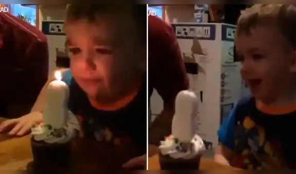Niño no puede apagar su vela de cumpleaños y su papá usa curioso truco para ayudarlo [VIDEO]