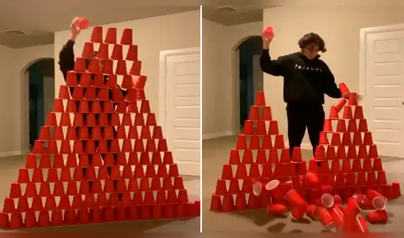 Intenta armar torre gigante con vasos de plástico y todo termina de la peor manera [VIDEO] 
