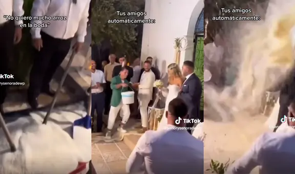 Recién casados salen de la iglesia y sus invitados los sorprenden tirándoles kilos de arroz