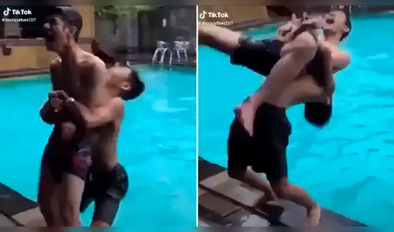 Joven intenta meter a su amigo a la piscina y sufre terrible golpe que casi le cuesta la vida [VIDEO]
