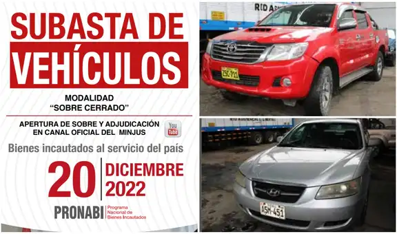Ministerio de Justicia rematará vehículos desde S/ 970 este martes 20 de diciembre