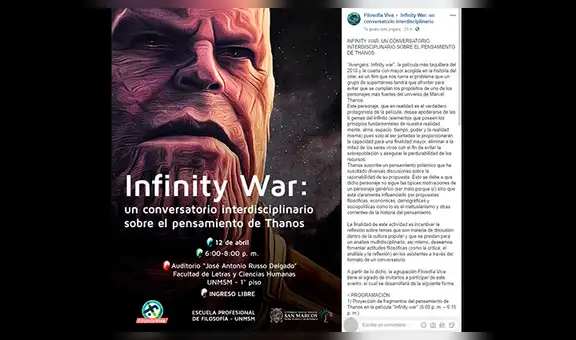 Facebook: UNMSM anuncia conversatorio extraordinario sobre "el pensamiento de Thanos" [FOTOS]
