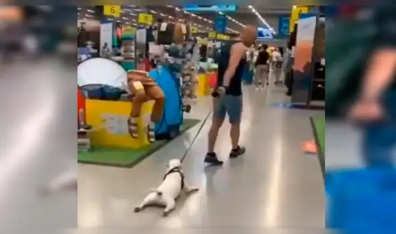Perro protagoniza divertida escena con su dueño al no querer andar en centro comercial [VIDEO]