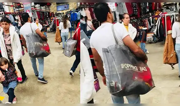 Facebook viral: indignación por padre que lleva a su hijo en bolsa de mercado [FOTOS]