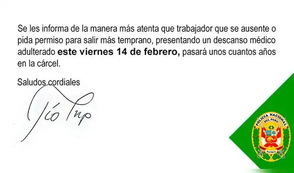 PNP alerta que presentar descanso médico falso por San Valentín puede llevarte a la cárcel y se vuelve viral