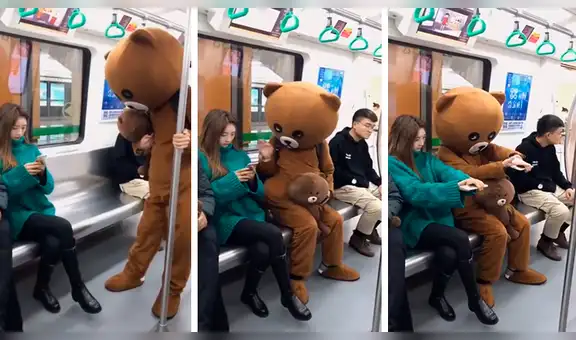Facebook viral: se disfraza de oso y trolea a una joven adicta al celular [VIDEO]