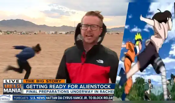 Periodista transmite en vivo desde el ‘Área 51’, sin imaginar que lo interrumpiría un chico corriendo como ‘Naruto’ [VIDEO]