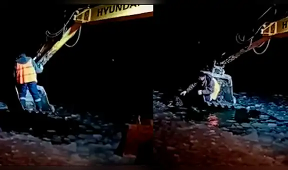 Obreros interrumpen su trabajo para rescatar a un perro atrapado en un lago congelado [VIDEO]