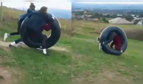 YouTube viral: chico se sube a llanta para lanzarse desde elevada colina y pasa esto [VIDEO]