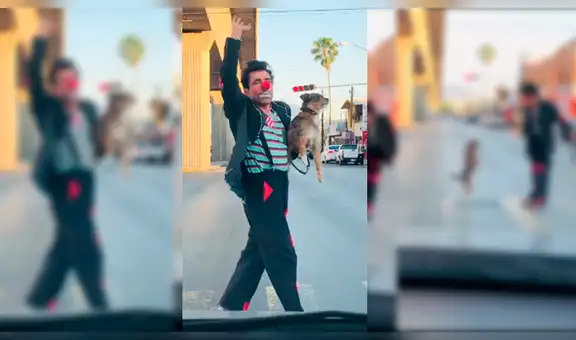 Payaso adopta perro y ahora ambos realizan increíble rutina callejera [VIDEO]
