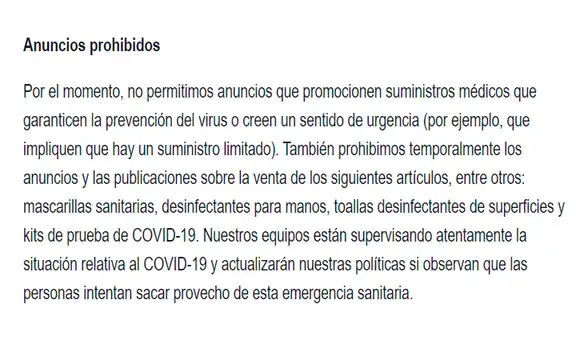 Facebook prohíbe anuncios de venta de kits de prueba para COVID-19, mascarillas y más