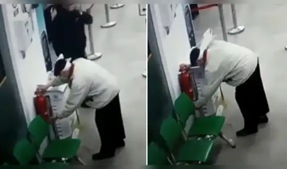 Anciano intenta desinfectarse las manos en supermercado, pero confunde el dispensador de gel con un extintor [VIDEO]