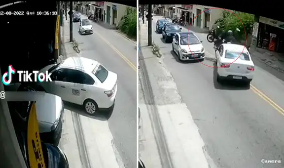 ¡Pudo ser mortal!: motociclista choca y termina en el techo de auto que salía de cochera