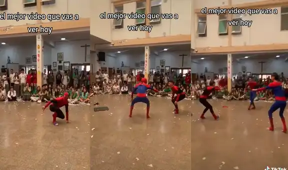 ‘Spider-Man’ hace piruetas en colegio, aparecen otros 2 y juntos recrean famoso meme