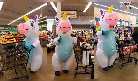 Madre usa disfraz de unicornio para ir al supermercado y llama la atención de su hijo [VIDEO] 